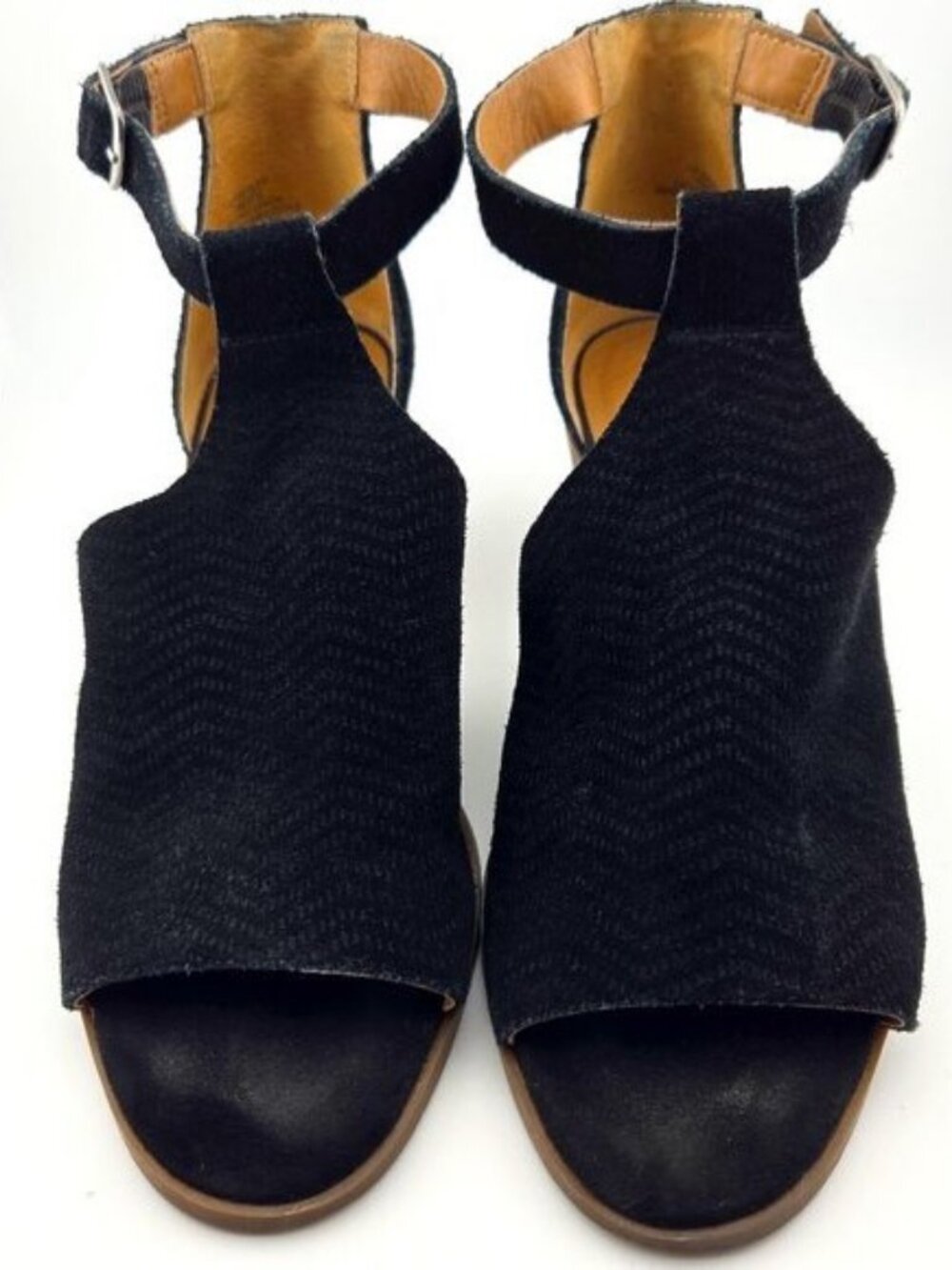 Lucky Brand Baxley Black Suede Peep Toe Bootie Sandals Ankle Strap Size 7M